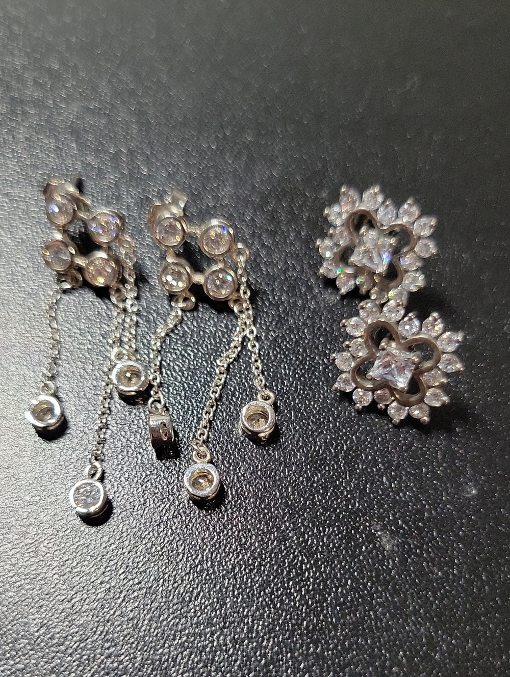 Silver Crystal Flower Drop Earrings - White CZ Accents